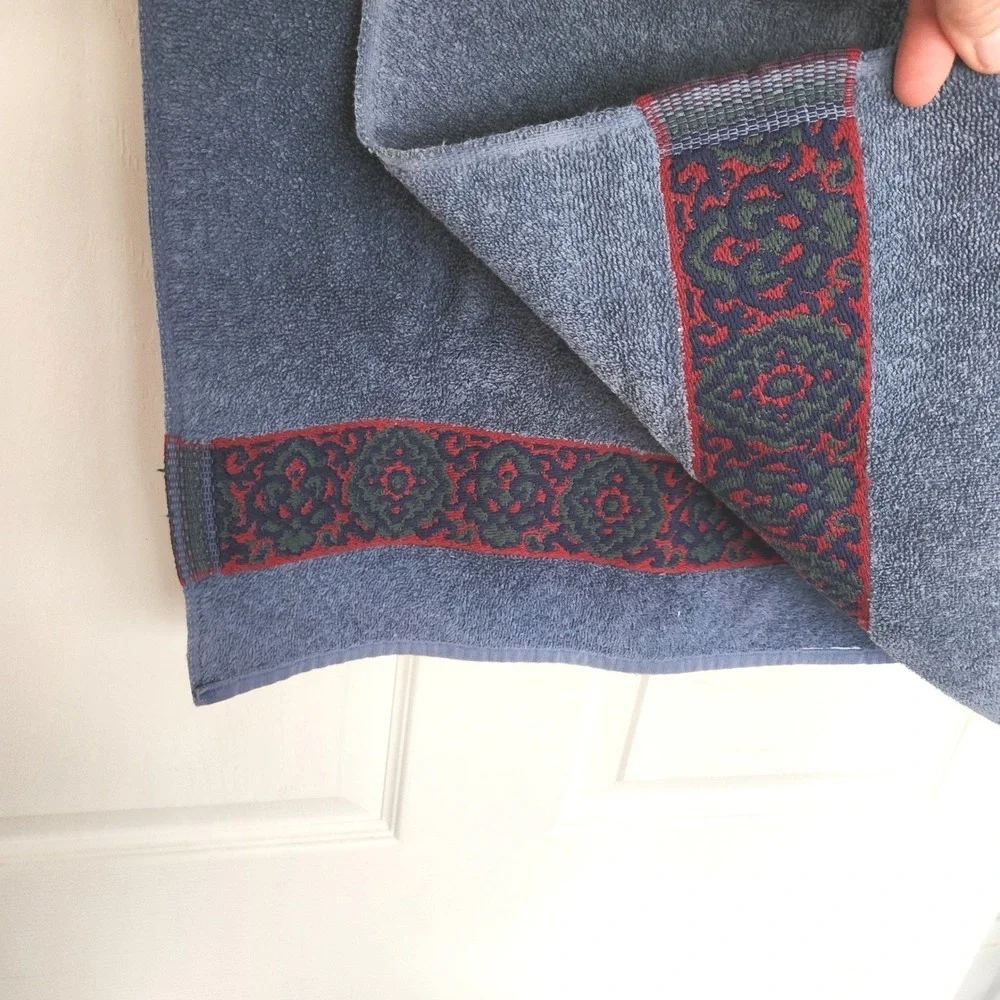 Vintage Denim Blue Hand Towels‎ (2) with Jacquard Medallion Woven Trim